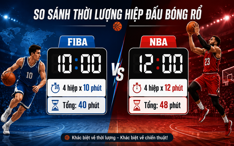 FIBA quy định mỗi hiệp 10 phút, trong khi NBA có thời lượng 12 phút cho mỗi hiệp đấu. 